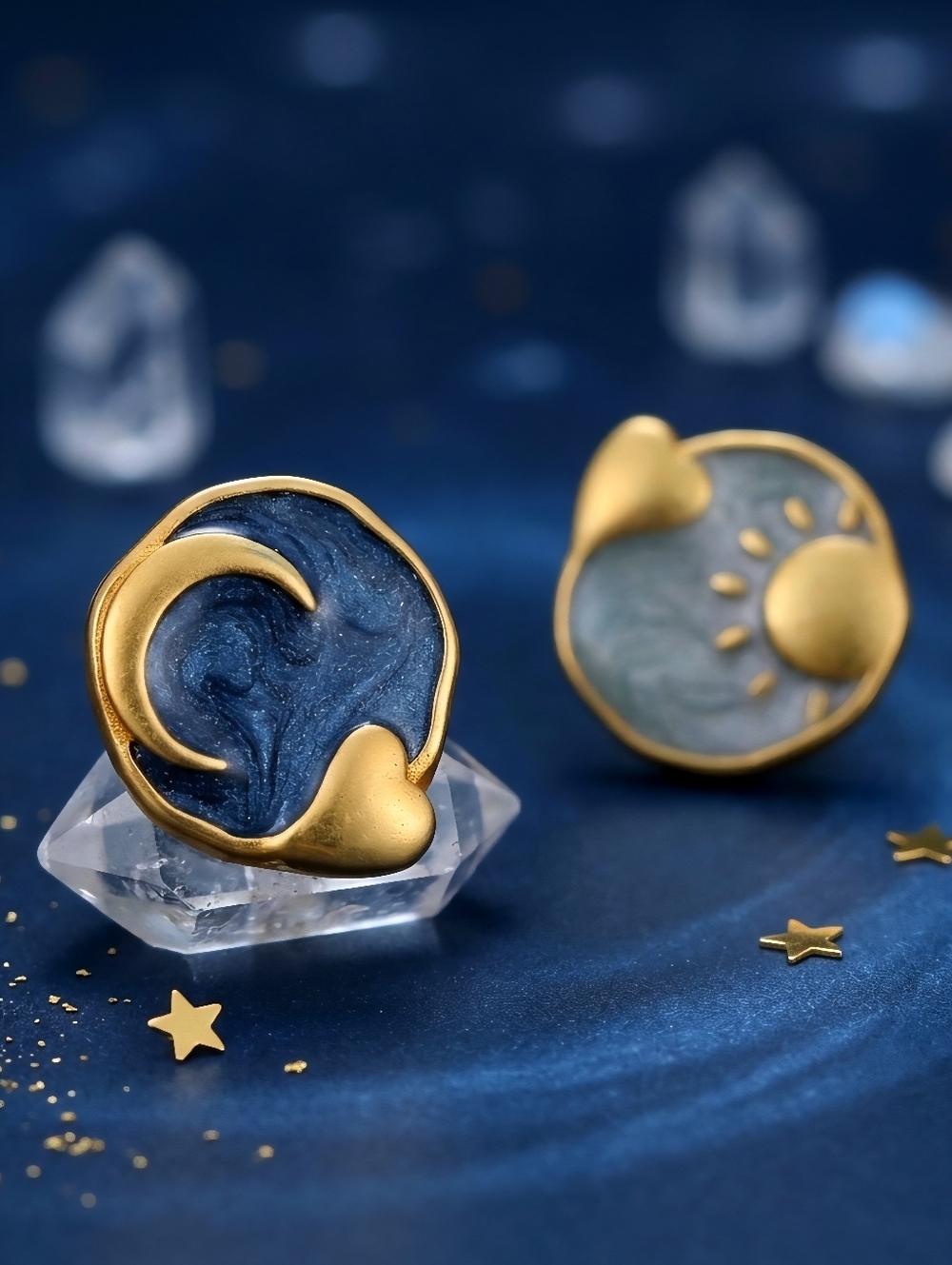 Mismatched Celestial Sun Moon Blue Resin Gold Stud Earrings Whimsigoth 0.6in